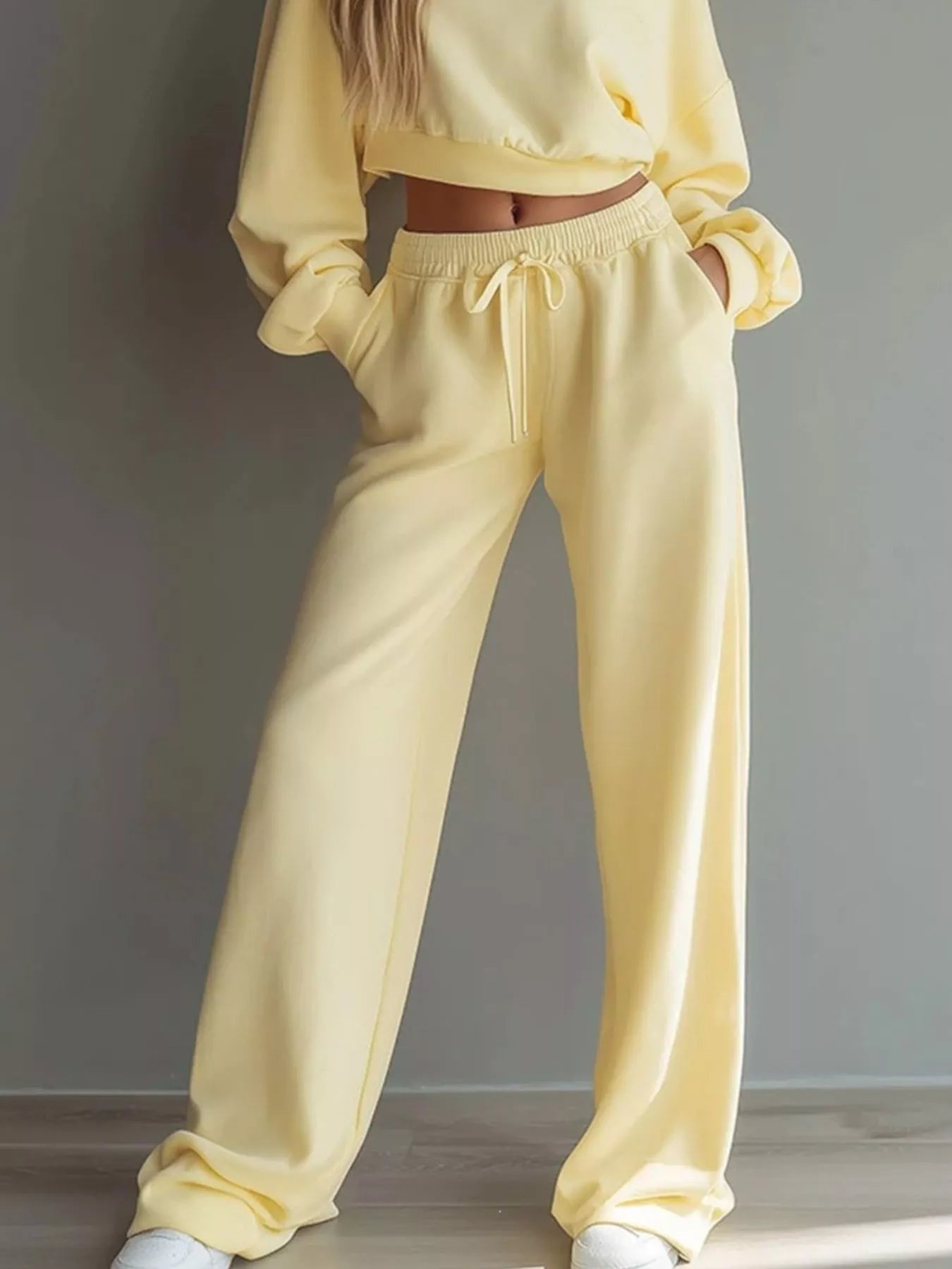 Trendsi Round Neck Cropped Sweatshirt and Wide-Leg Pants Set -