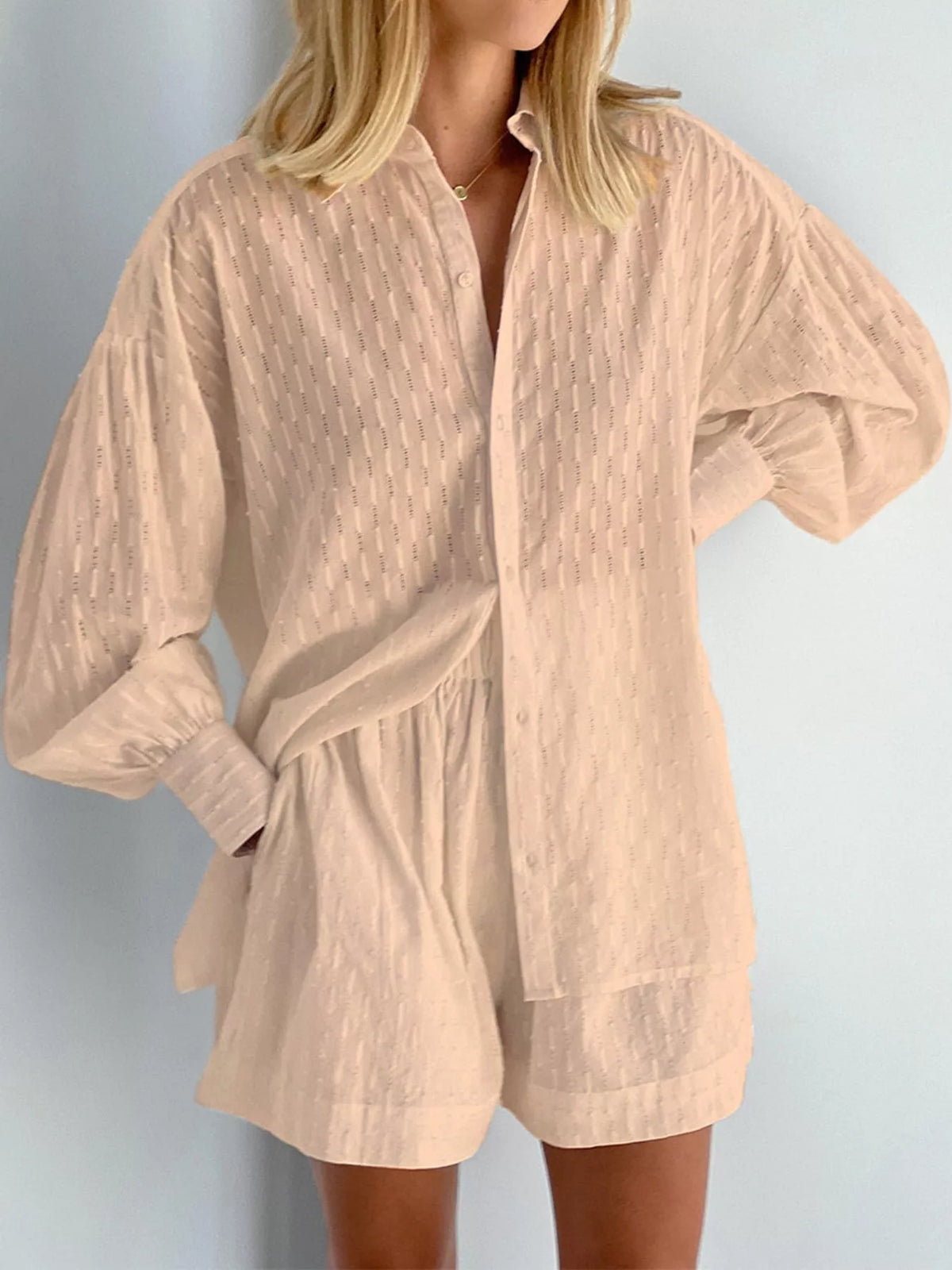 Women's Textured Button-Down Shirt and Shorts Set in beige — front view