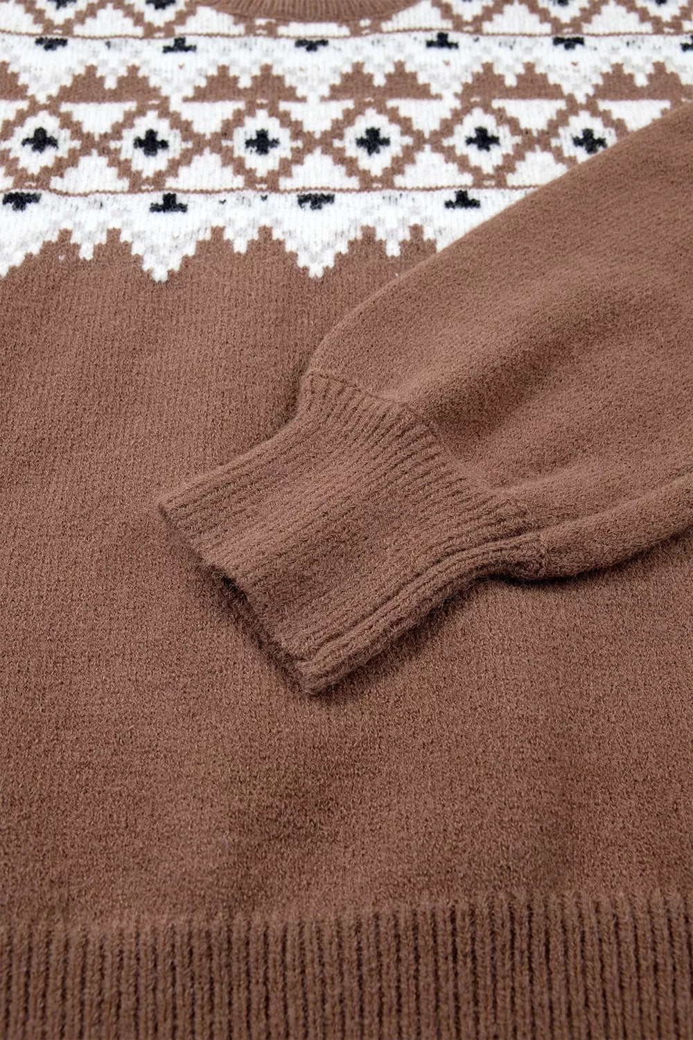 Women's Geometric Print Drop Shoulder Casual Pullover Sweater in Caramel, alternate back view