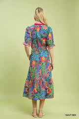 Trendsi Umgee Mix Floral Midi Dress with Ruffle Trim -