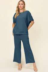 Trendsi Double Take Full Size Texture Short Sleeve Top and Pants Set -