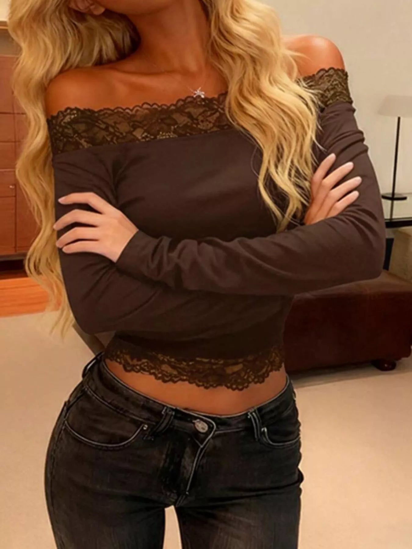 Trendsi Off-Shoulder Lace Trim Long Sleeve T-Shirt -