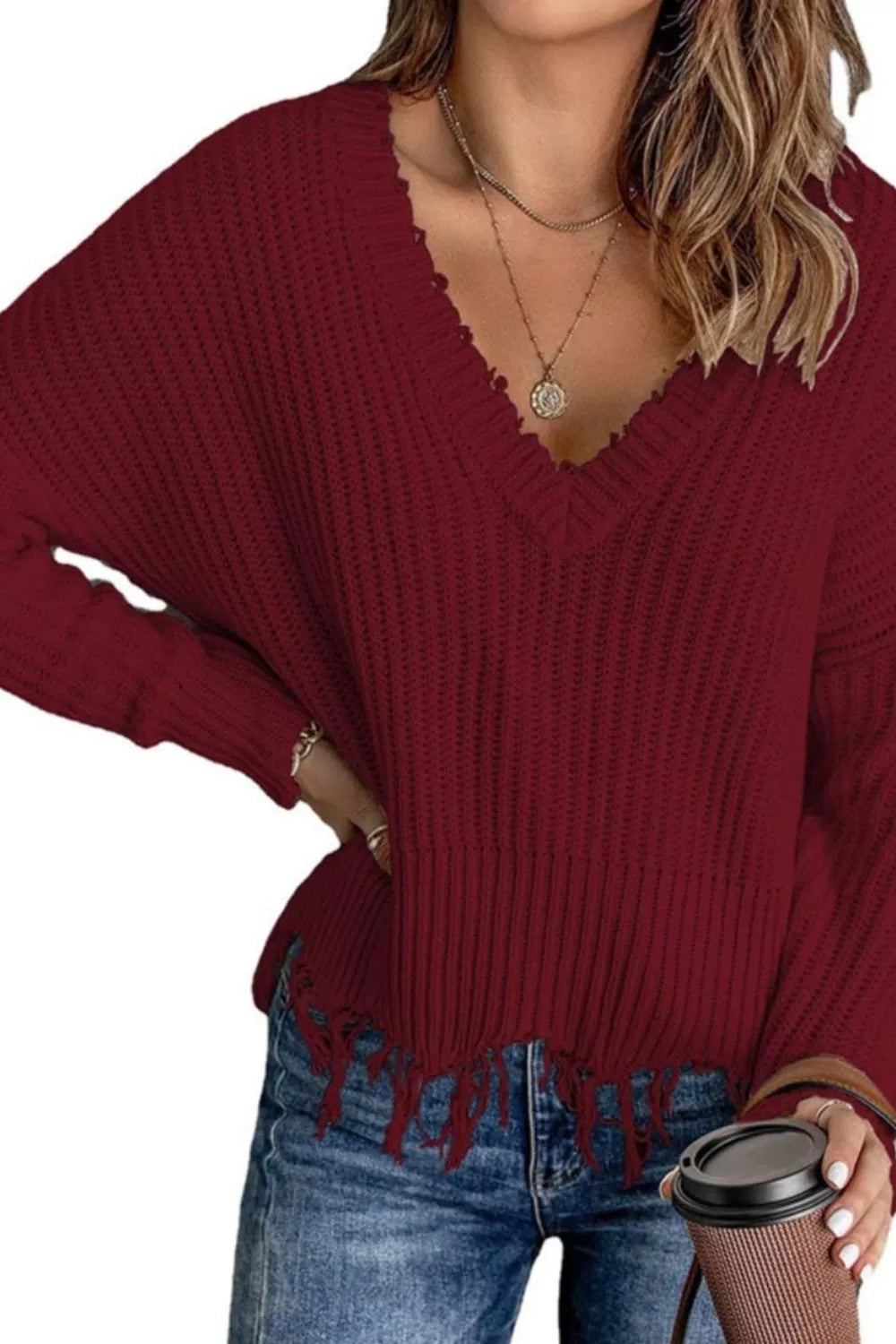 Burgundy raw-hem v-neck sweater