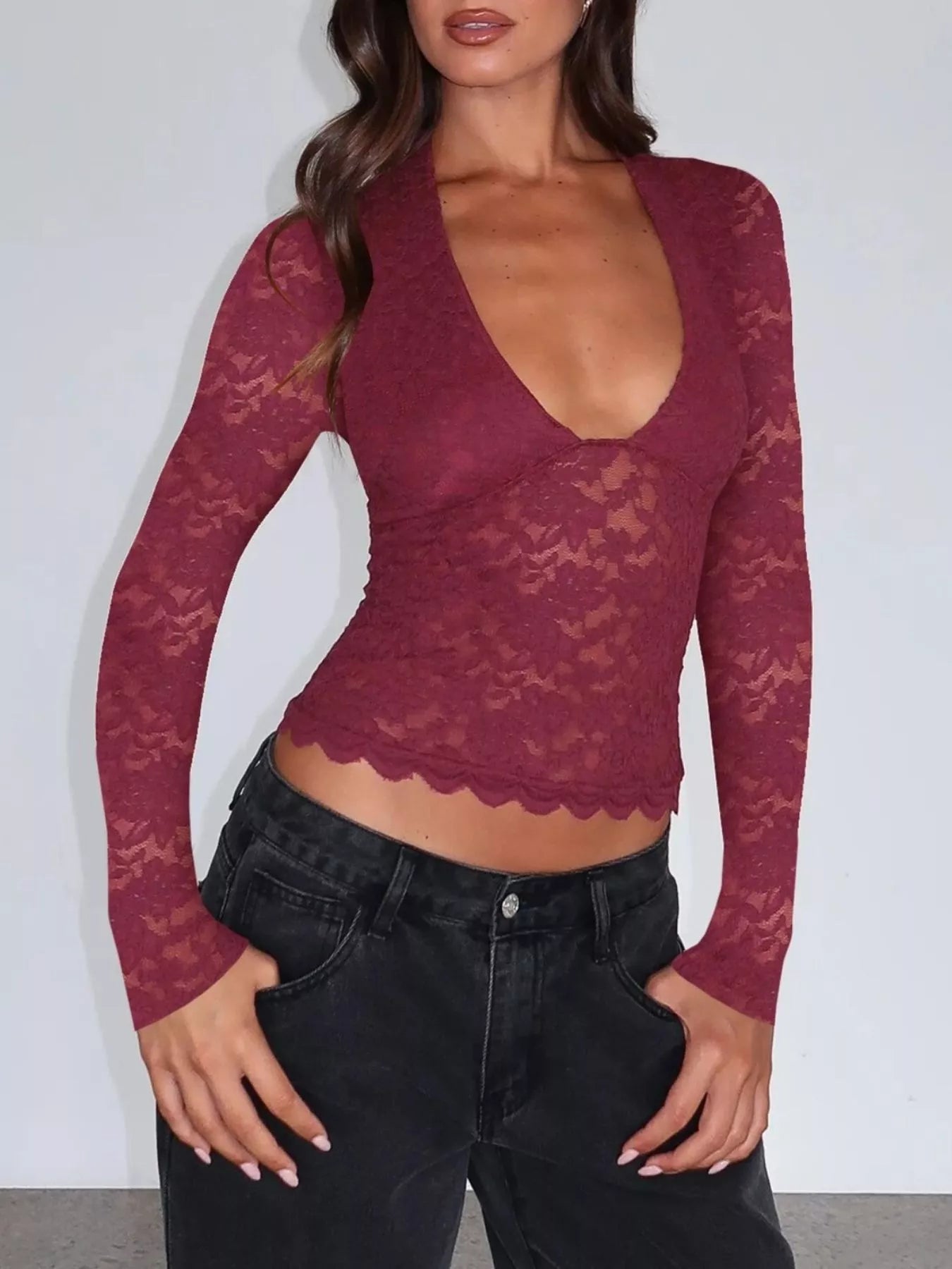 Trendsi Sheer Lace Long Sleeve V-Neck Top -