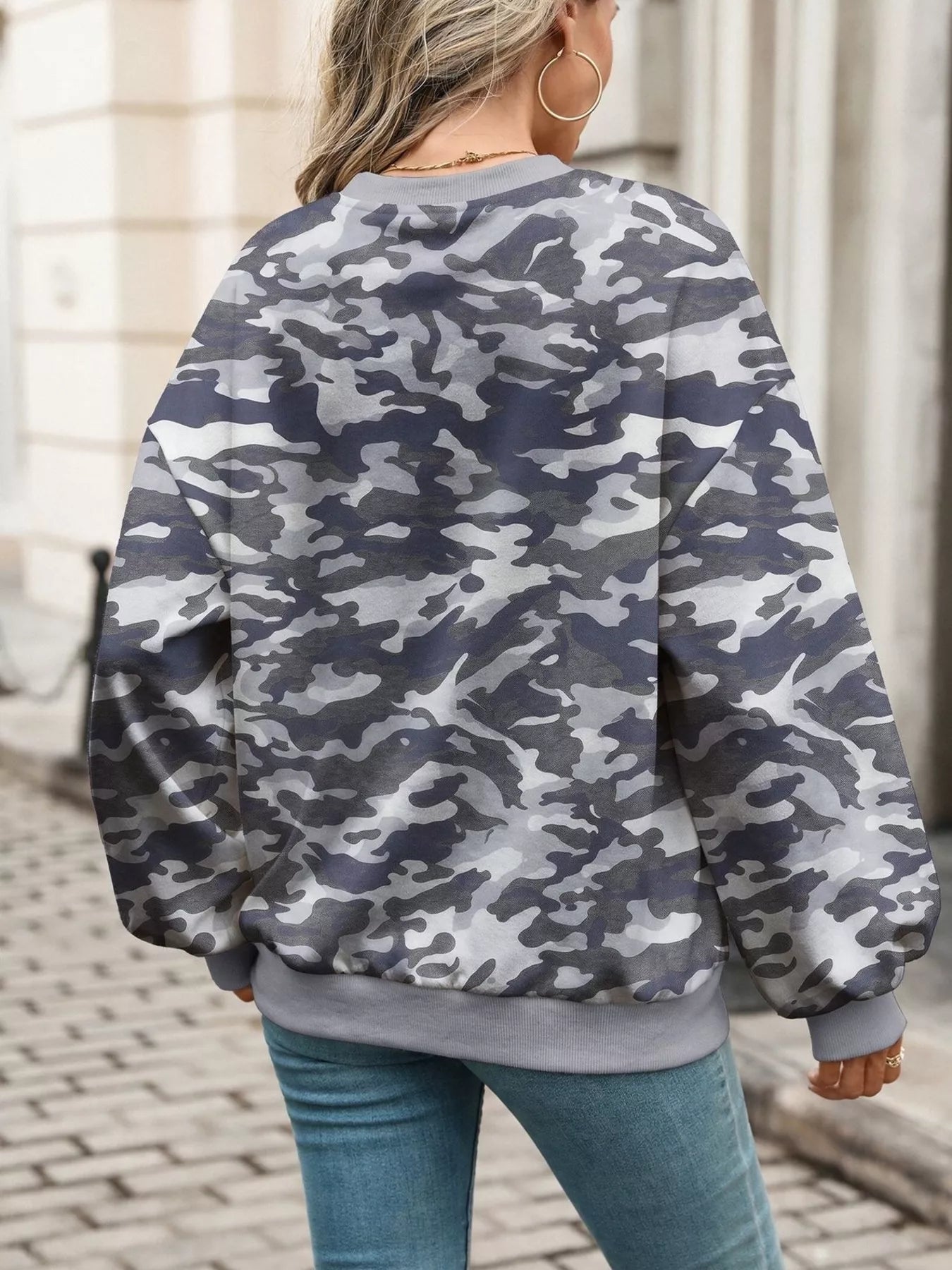 Trendsi Leaf Print Sweatshirt with Contrasting Trim -
