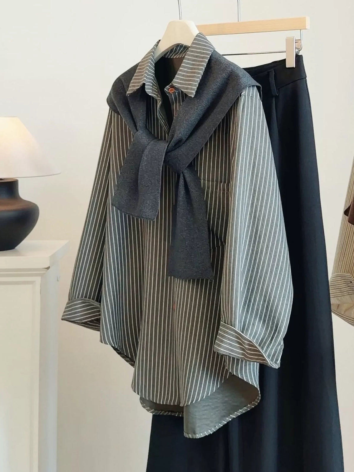 Striped High-Low Shirt with Knit Shawl — garment front
