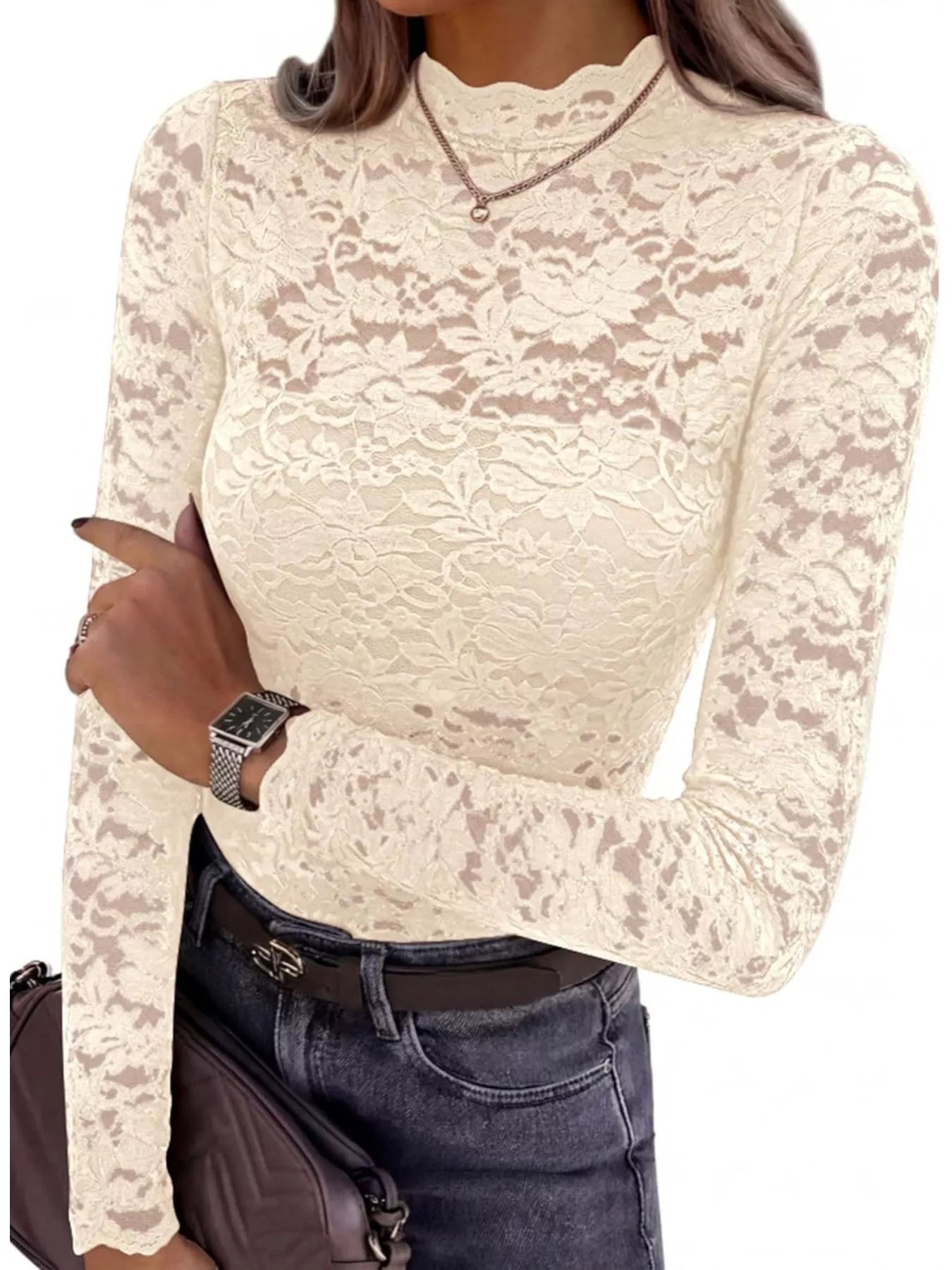 Trendsi Lace Mock Neck Long Sleeve Top -