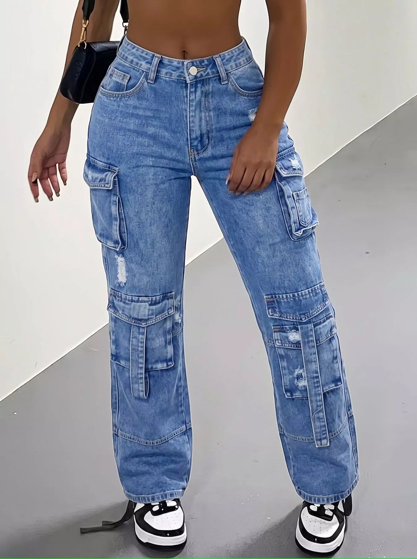 Trendsi High-Waisted Distressed Cargo Jeans -