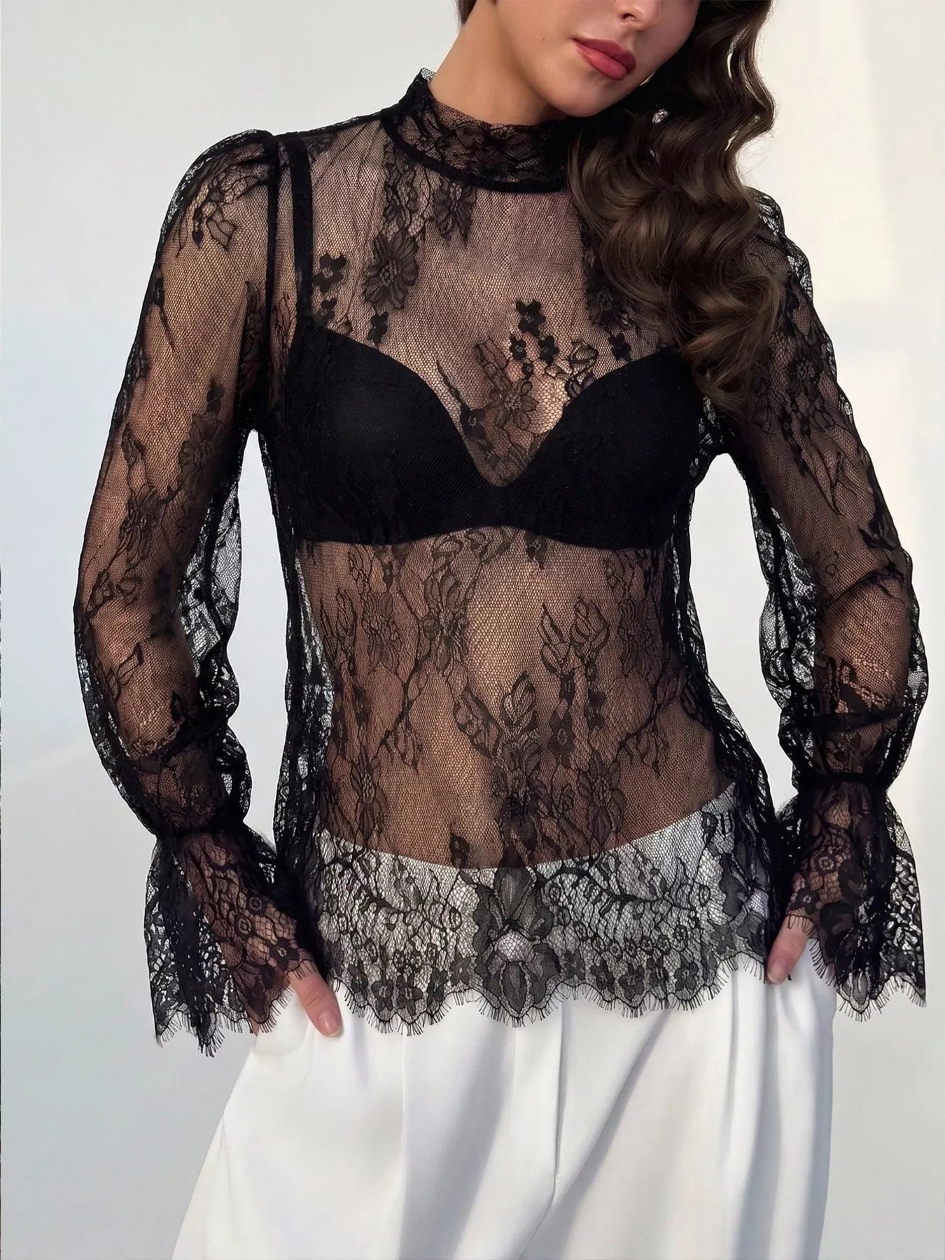 Trendsi Lace Flounce Sleeve Top -