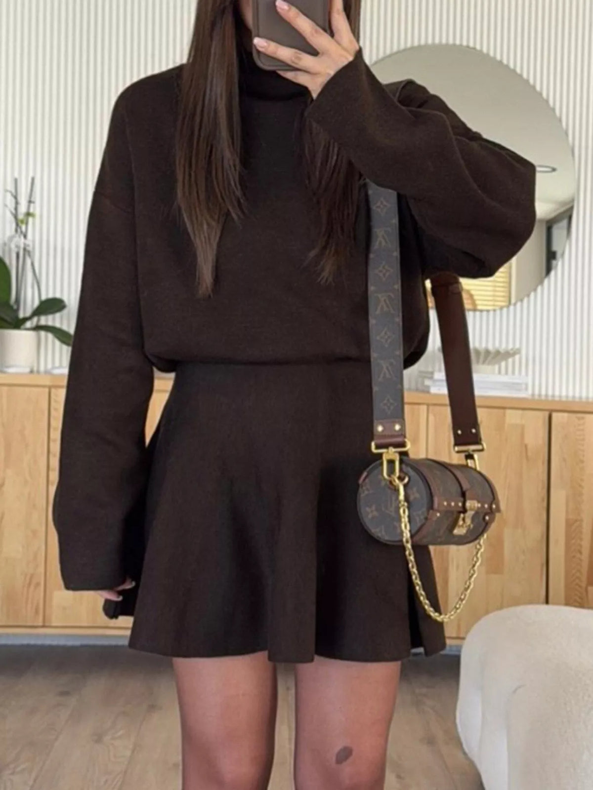 Brown mock neck knit top and flared skirt set
