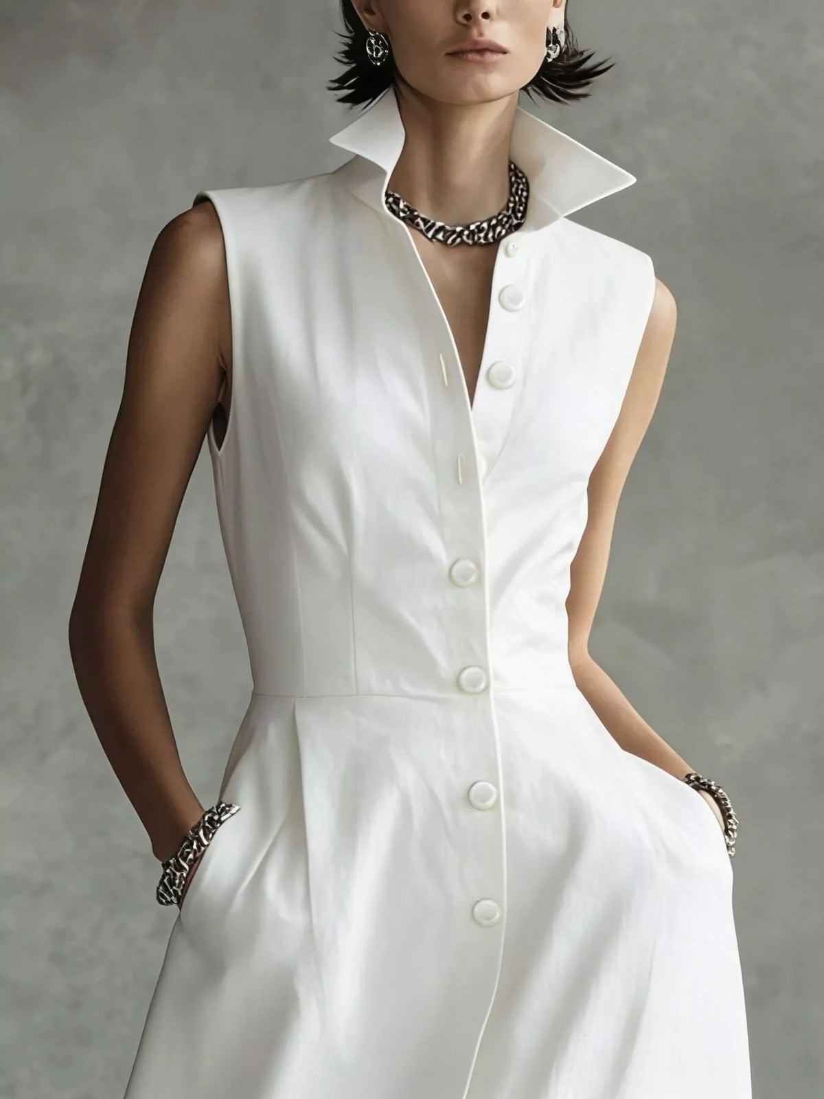 White button-down midi shirt dress, collar, button front, and waist seam