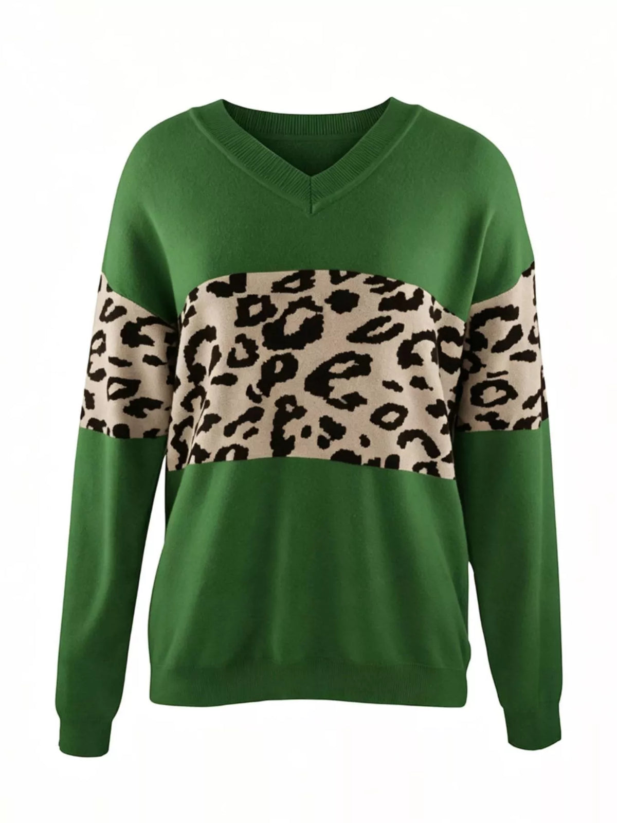 Green leopard v-neck dropped shoulder sweater