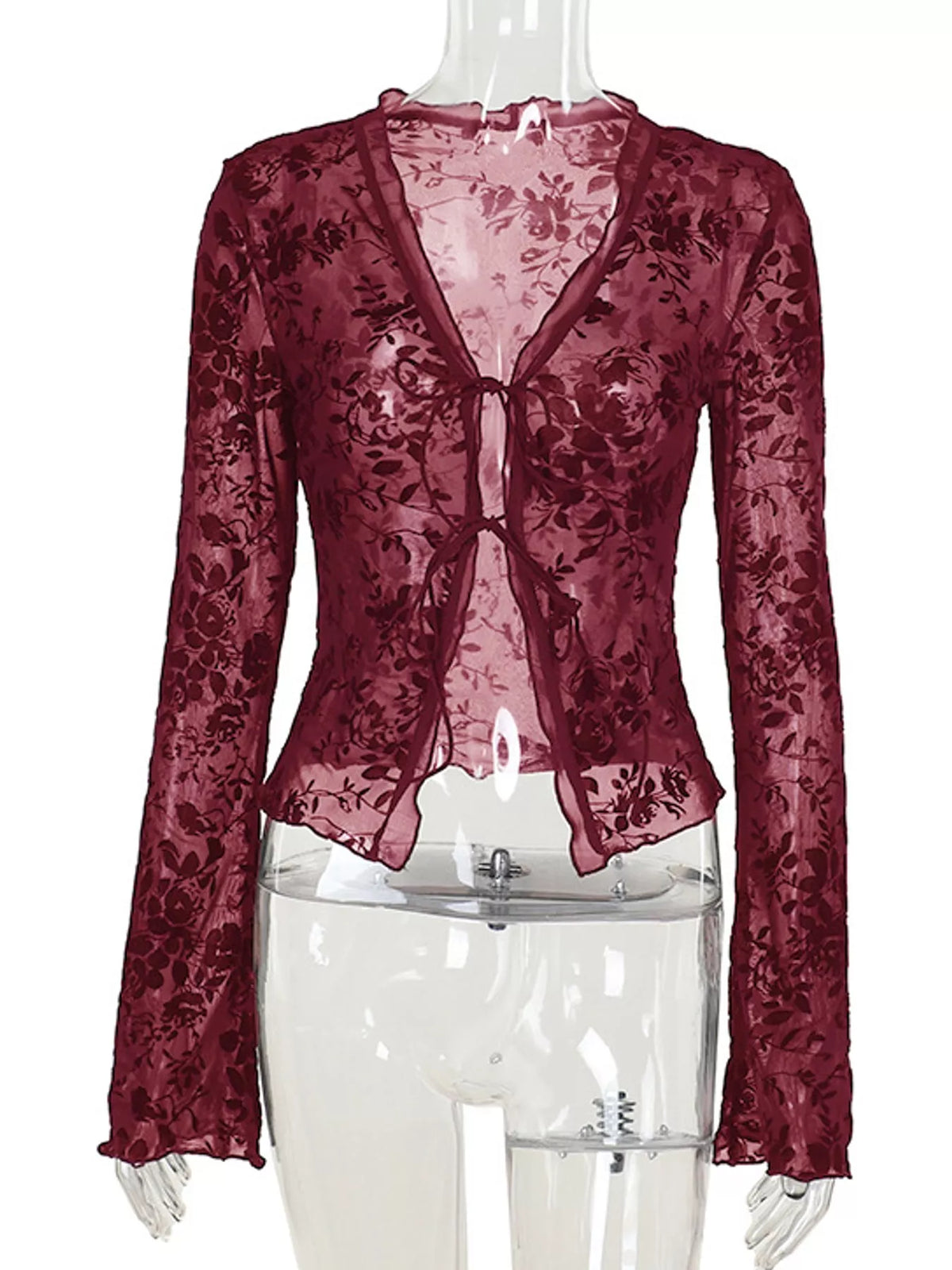 Sheer Floral Tie-Front Flare Sleeve Top in burgundy