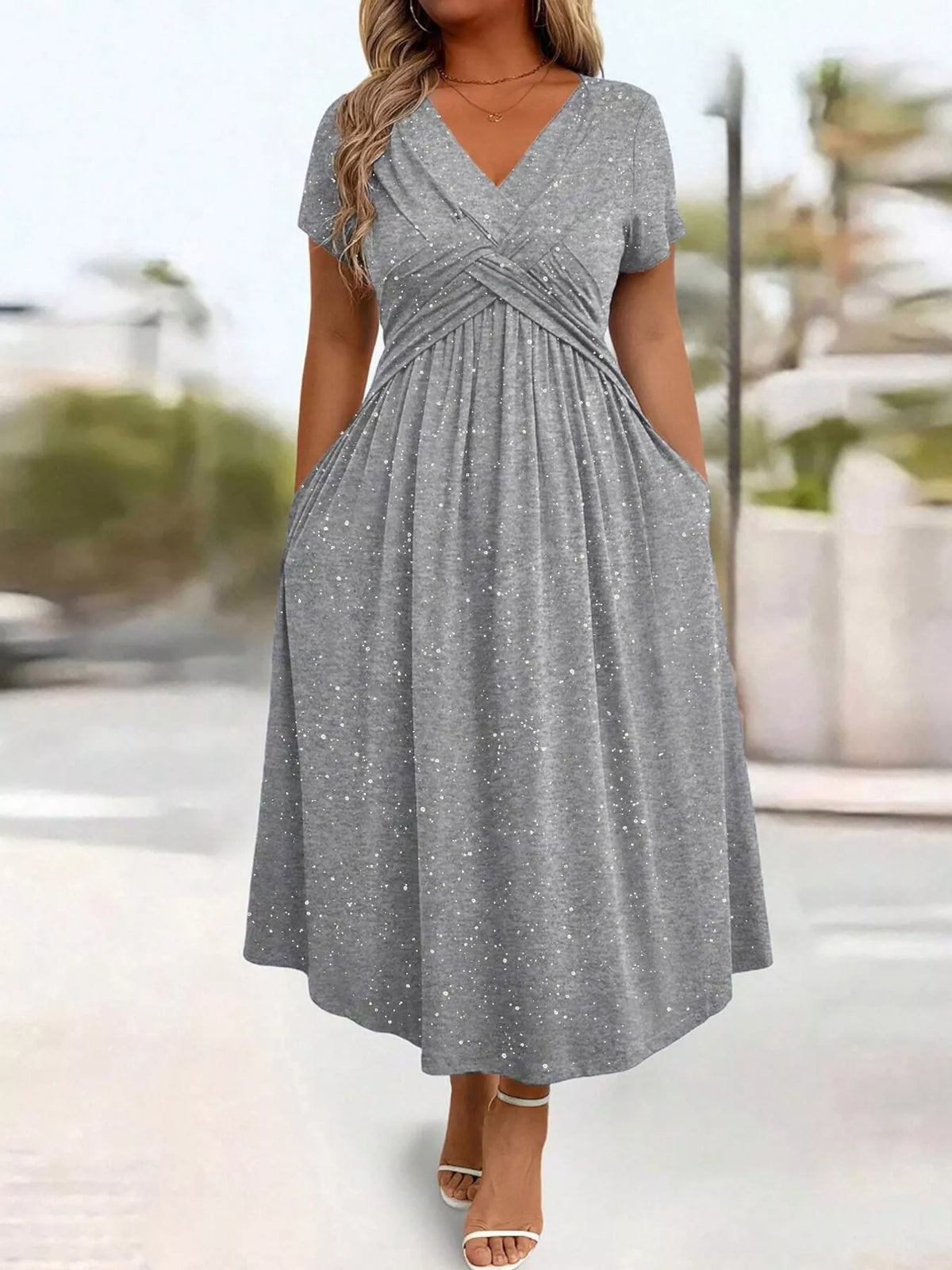 Gray speckled short sleeve midi dress with pockets, flared skirt