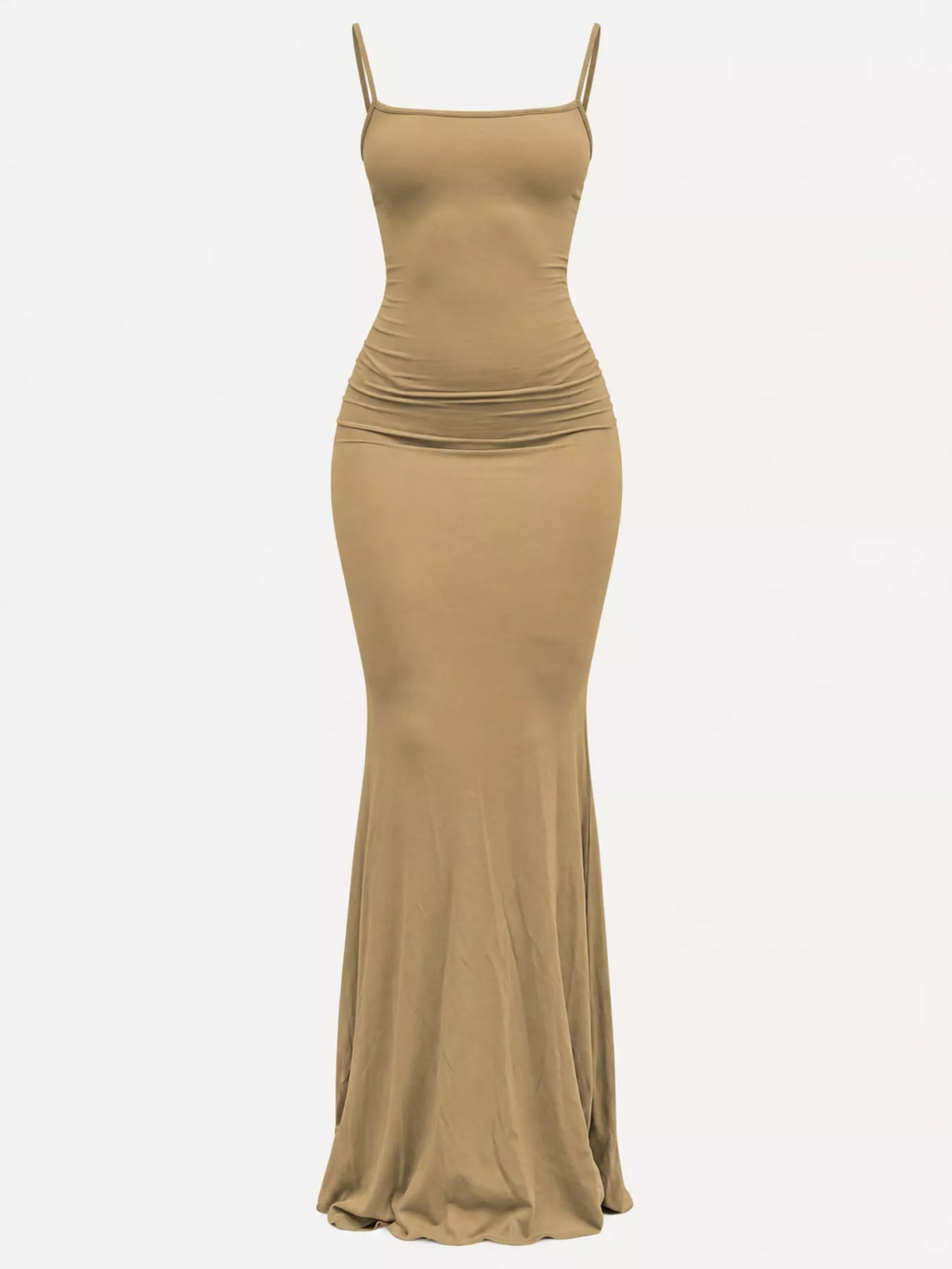 Khaki bodycon spaghetti strap maxi dress, front view
