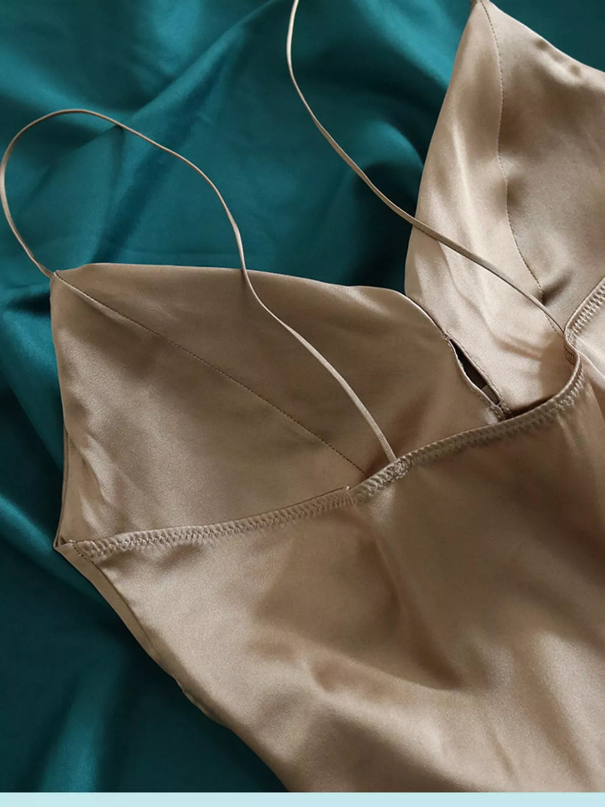 Brown satin v neck cami, detail view