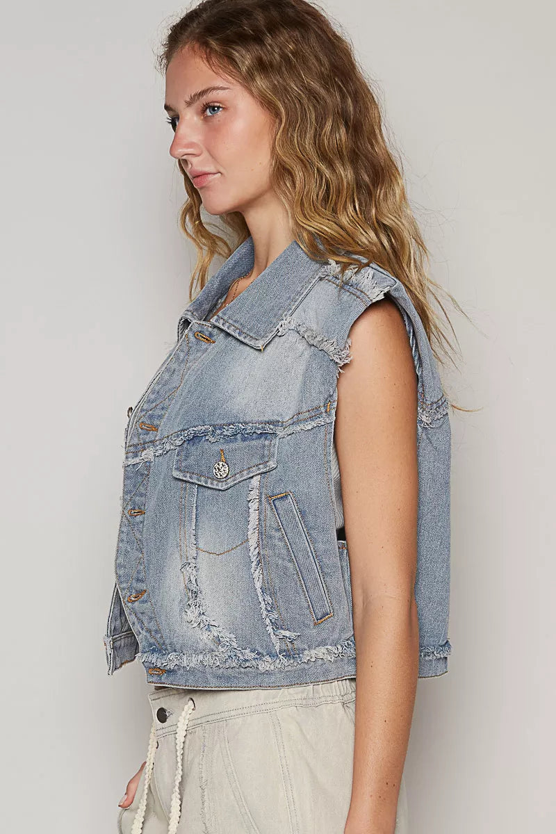 Women's Distressed Denim Vest With Asymmetrical Button Front — product view 5