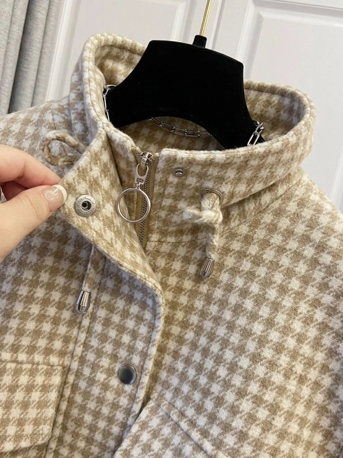 Apricot plaid cropped zip-up jacket