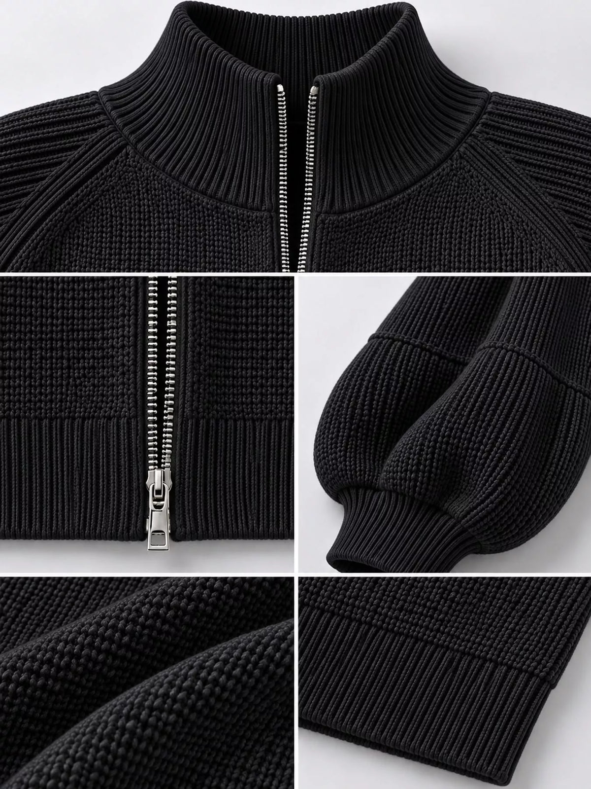 Black ribbed knit zip-up lantern sleeve cardigan, detail view