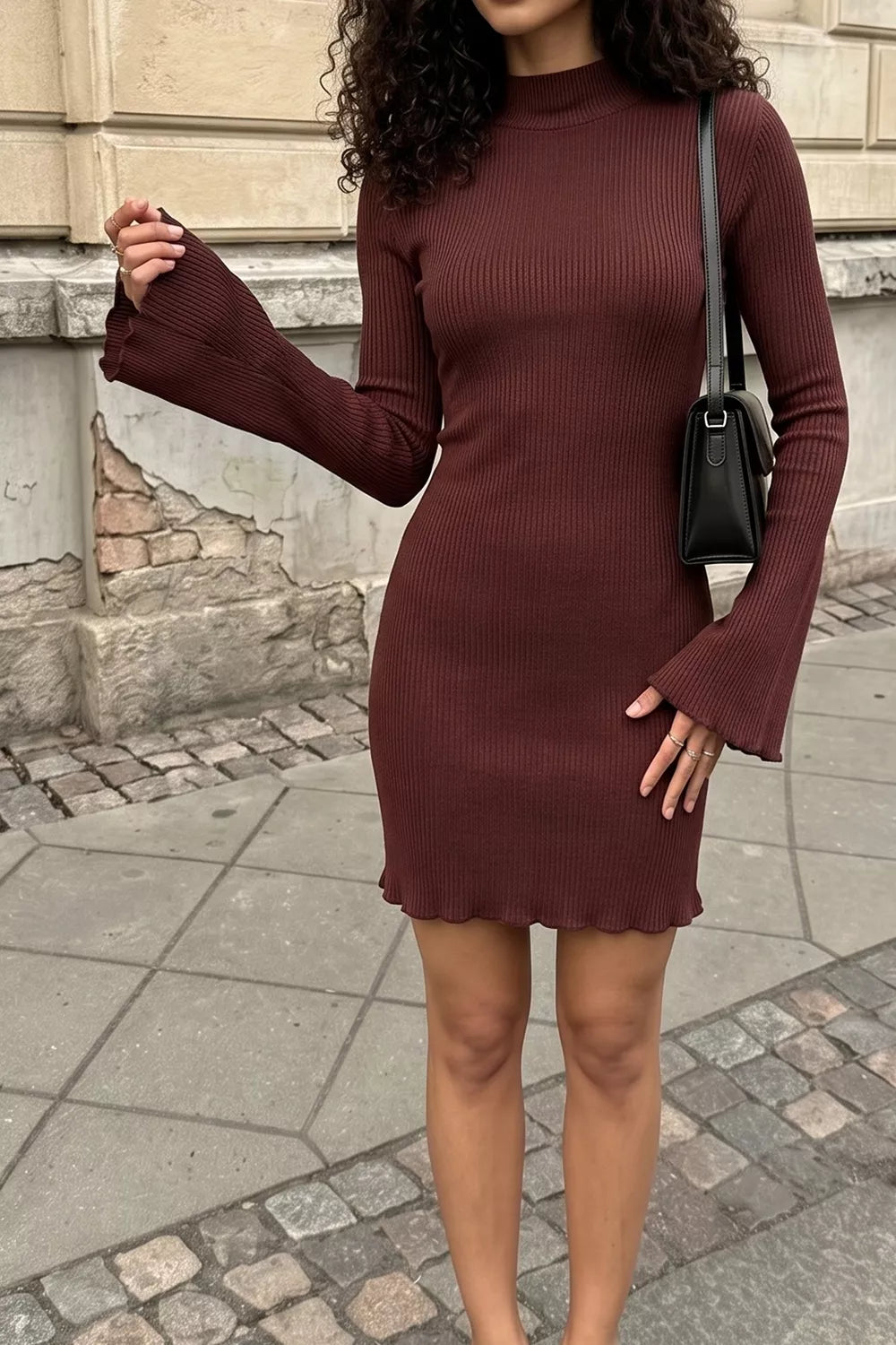 Mock neck ribbed knit bodycon mini dress