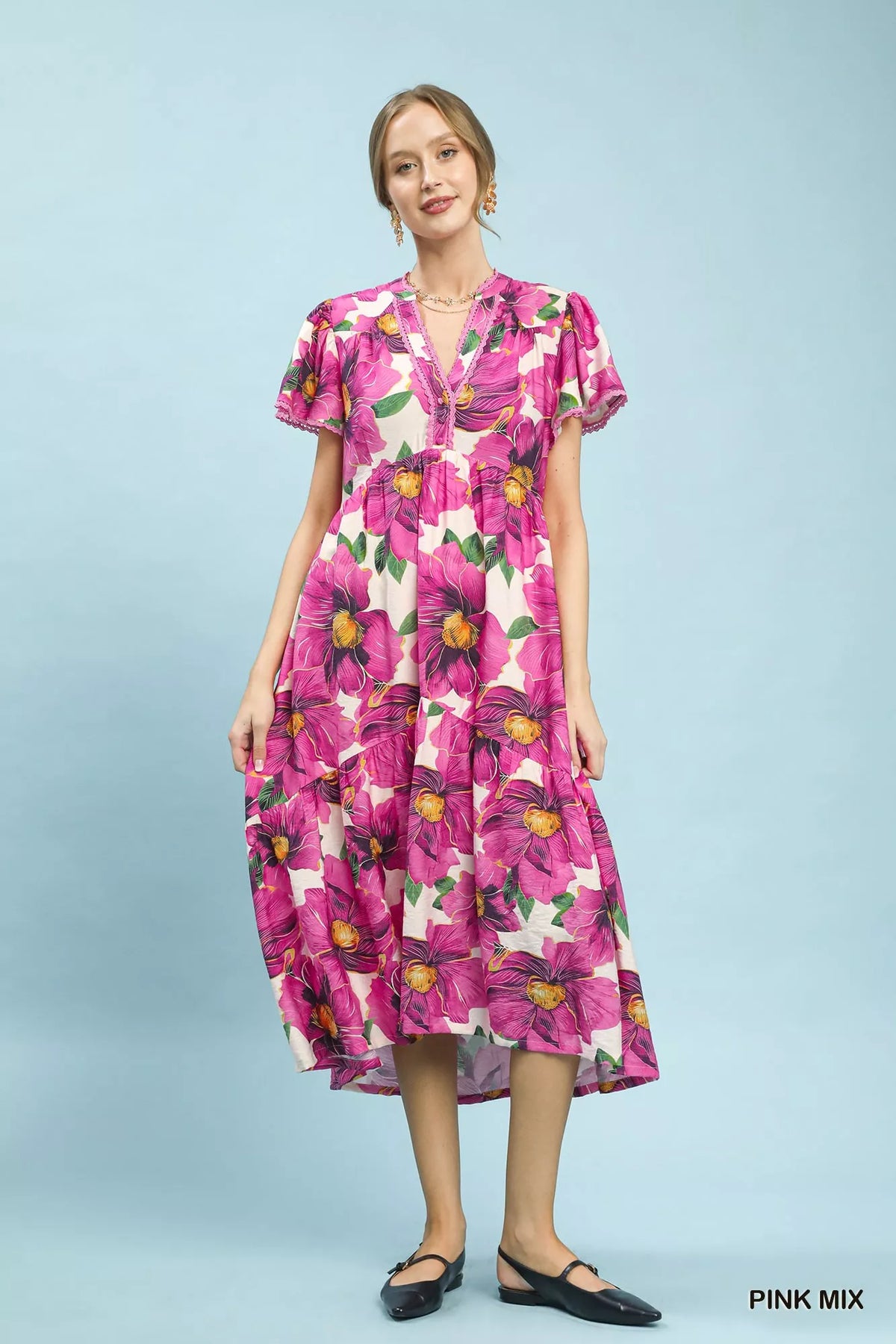 Women's Tropical Floral Flutter Sleeve Tiered Midi Dress — product view 5