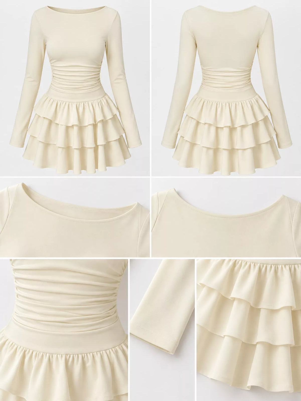 Cream layered ruffle mini dress, front, back, ruched waist, and tiered hem