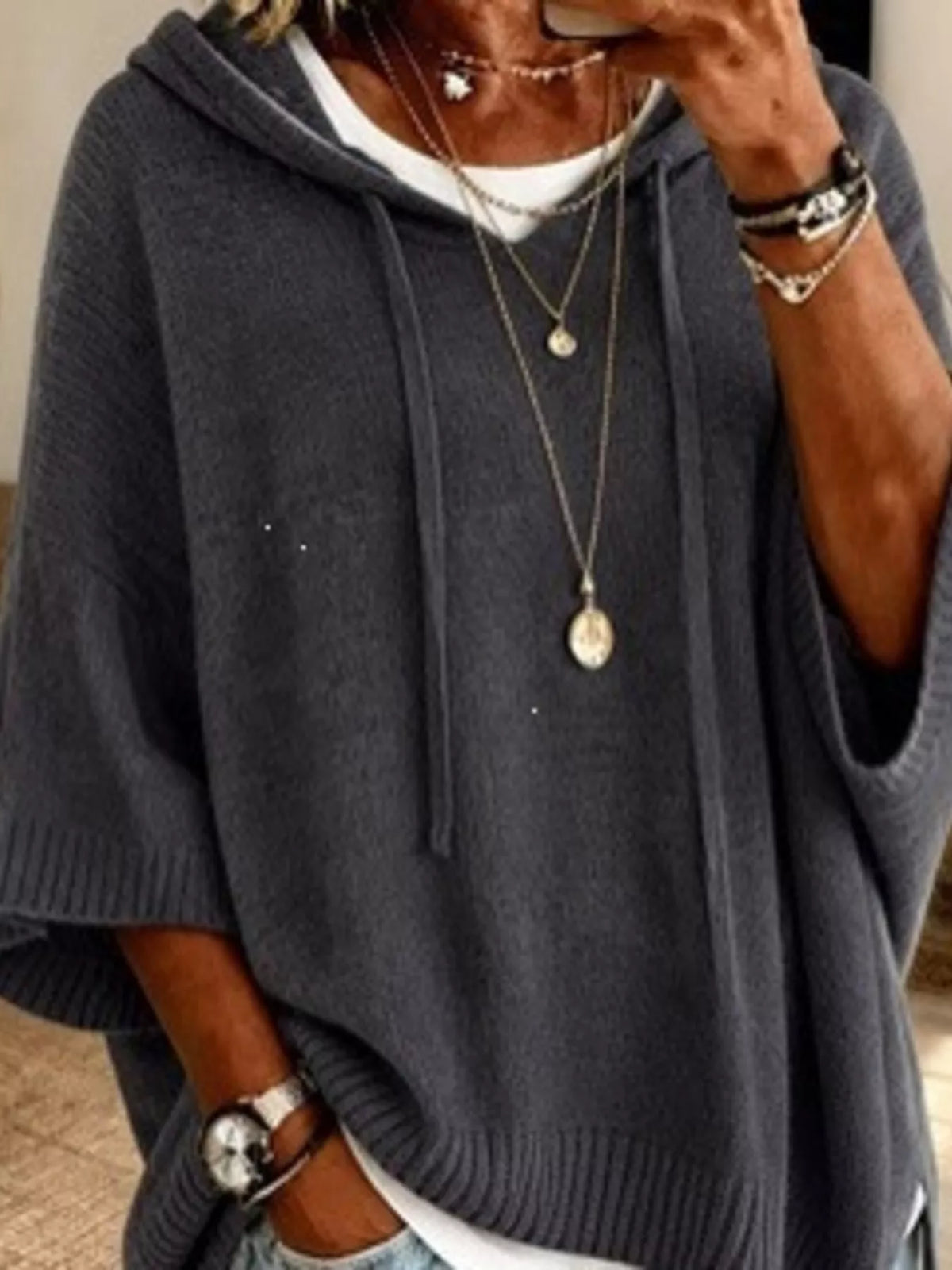 Trendsi Full Size Drawstring 3/4 Sleeve Hooded Sweater Plus Size -