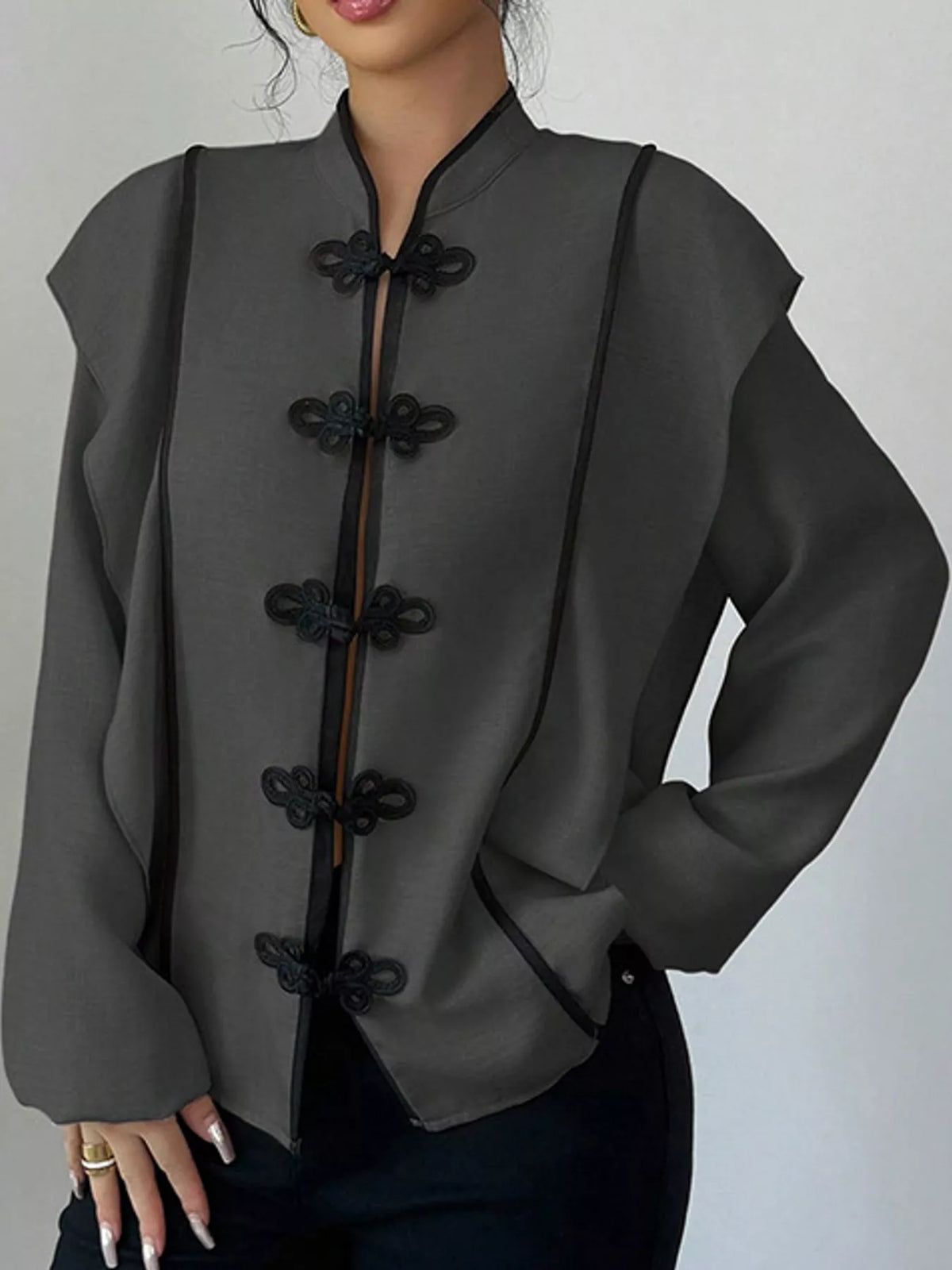Gray chinese-style mandarin collar blouse
