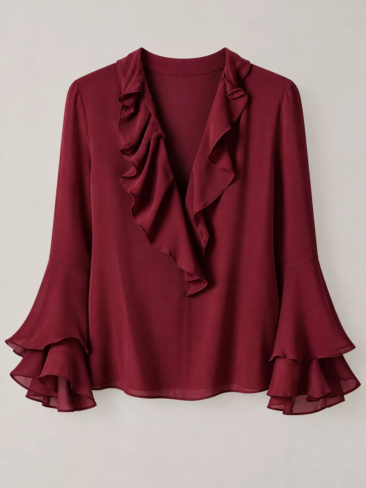 Burgundy ruffle-trim V-neck blouse with tiered bell sleeves