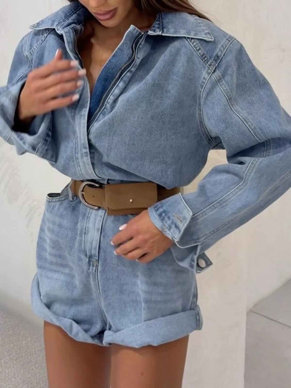 Vintage Wash Long Sleeve Denim Romper — front view