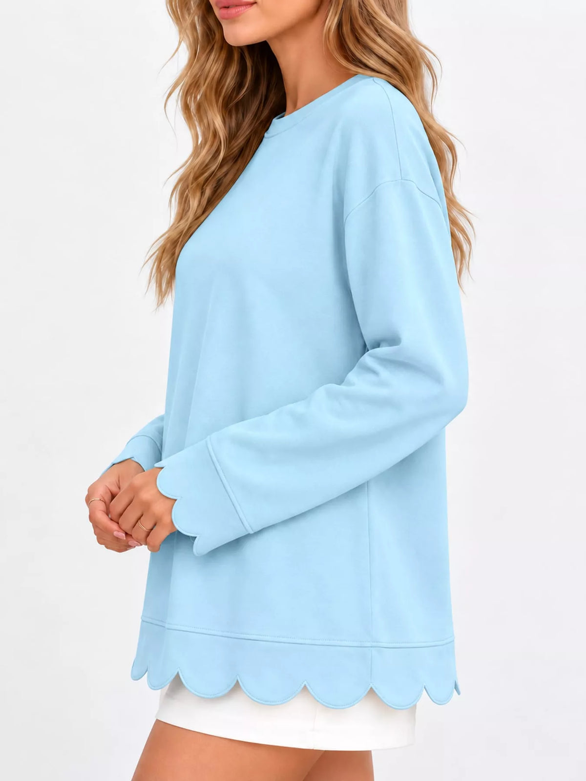 Light Blue scalloped hem crewneck sweatshirt