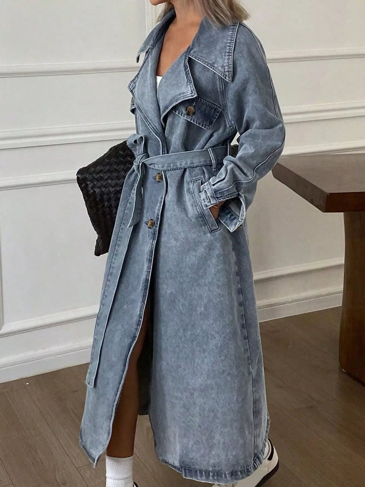 Denim trench jacket, blue side belted