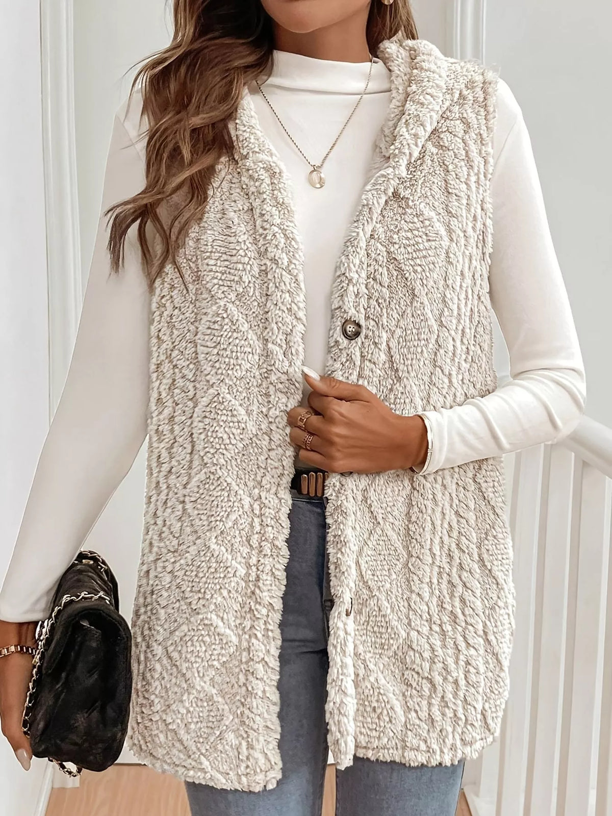 Hooded Sherpa Vest Coat in light apricot