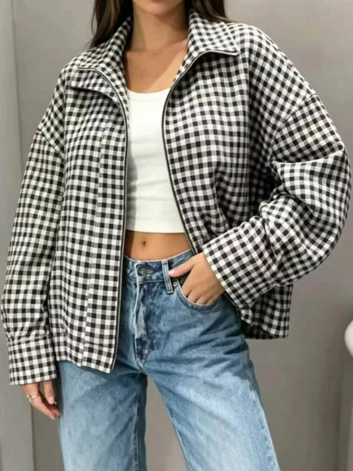 Plaid Zip-Up Jacket in black and white, front view