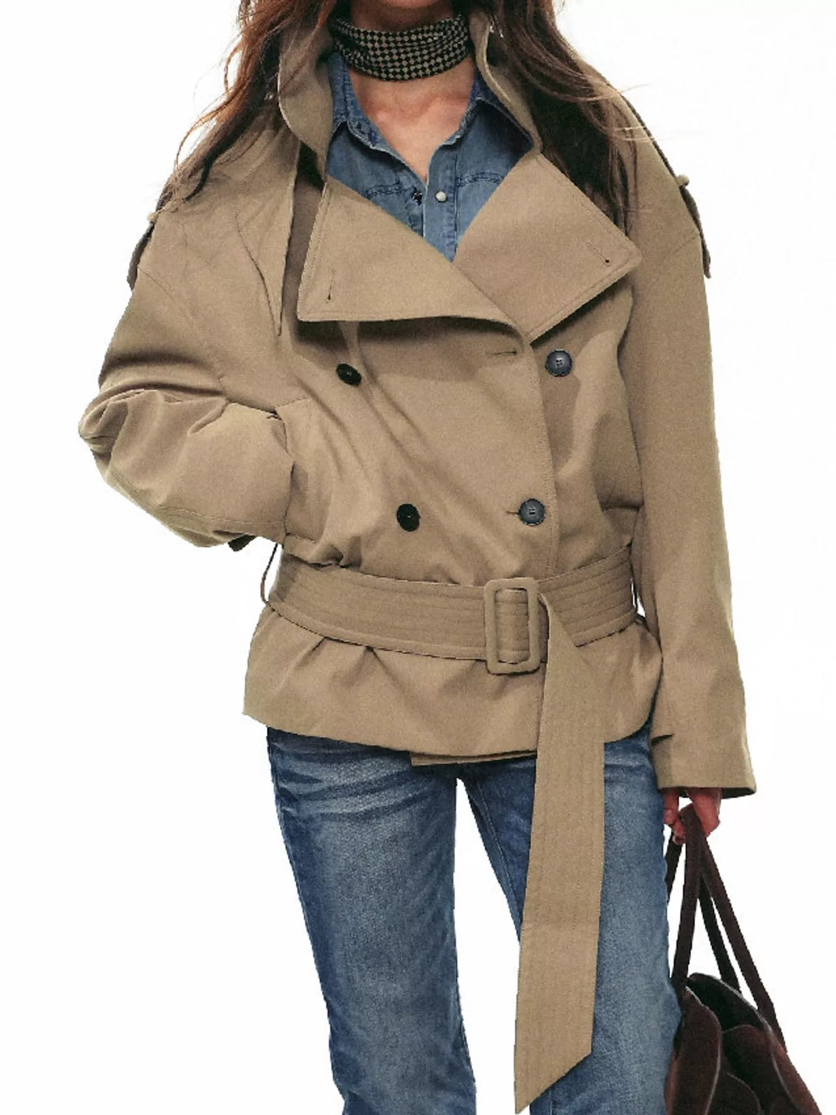 Women's Belted Waist Button Up Trench Jacket in beige — front view