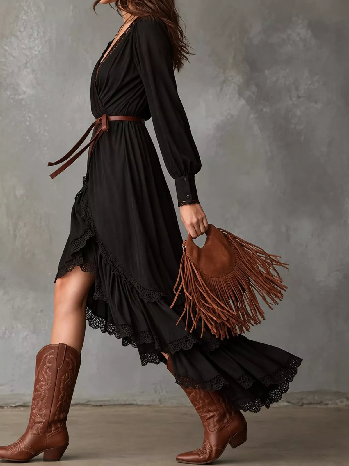 High-Low Hem Surplice Dress in black