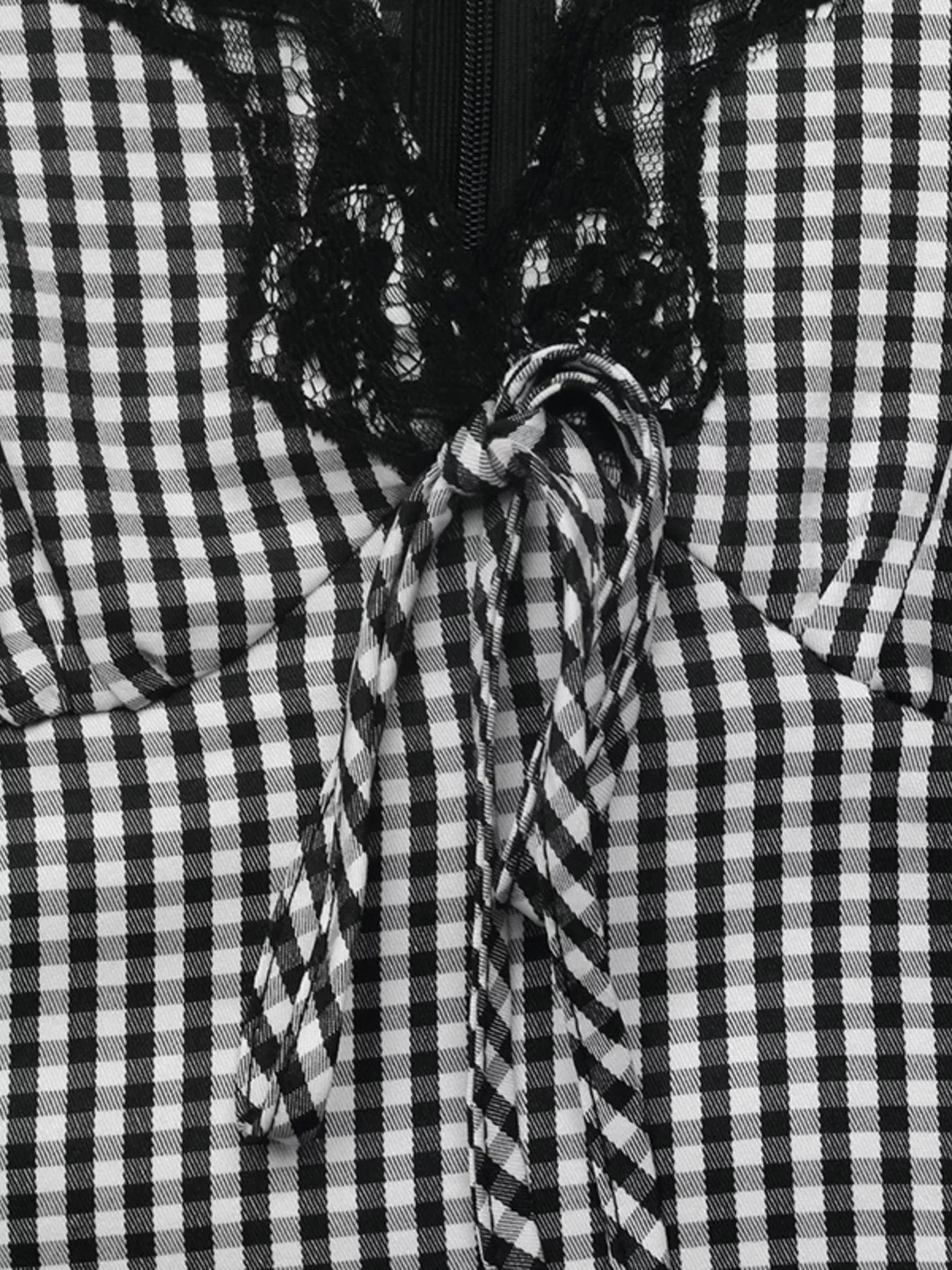 Trendsi Gingham Lace-Trim V-Neck Long Sleeve A-Line Maxi Dress -