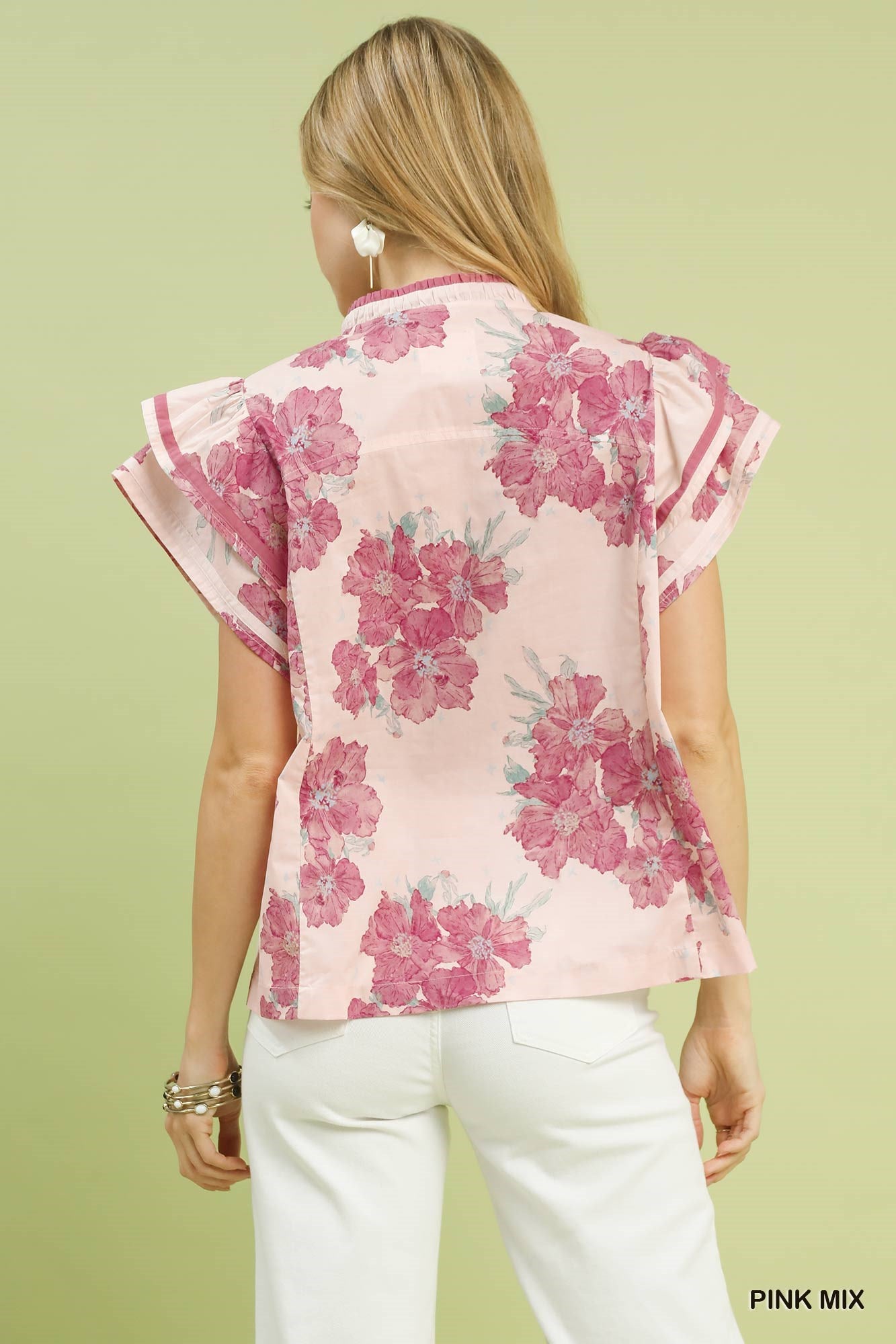 Women's Floral Cotton Split-Neck Blouse With Double Ruffle Sleeves — product view 3