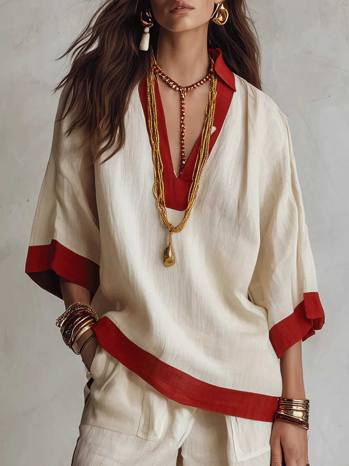Contrast Trim Top and Wide Leg Pants Set in beige, top detail