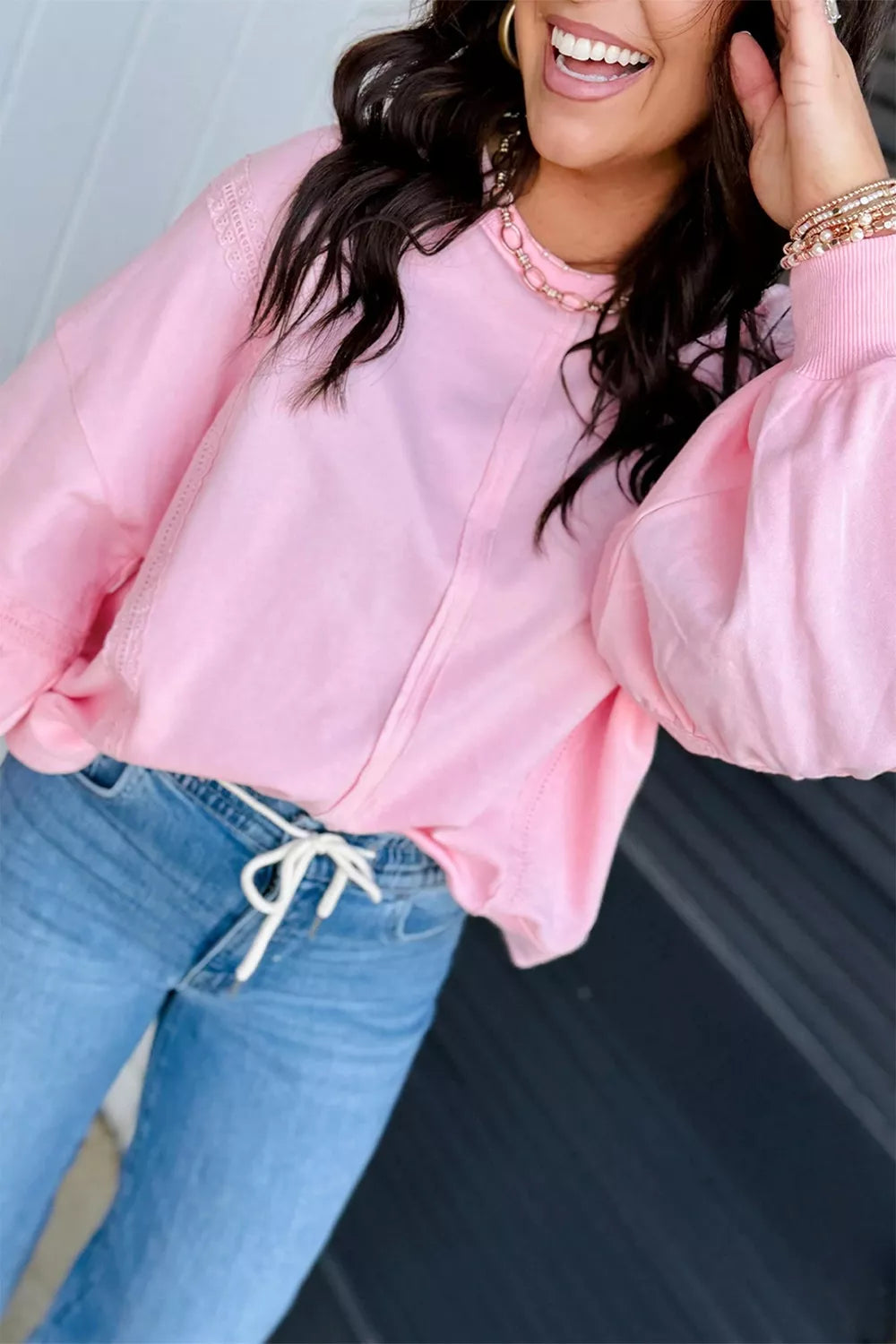 Lace-detail sweatshirt, pink angled front