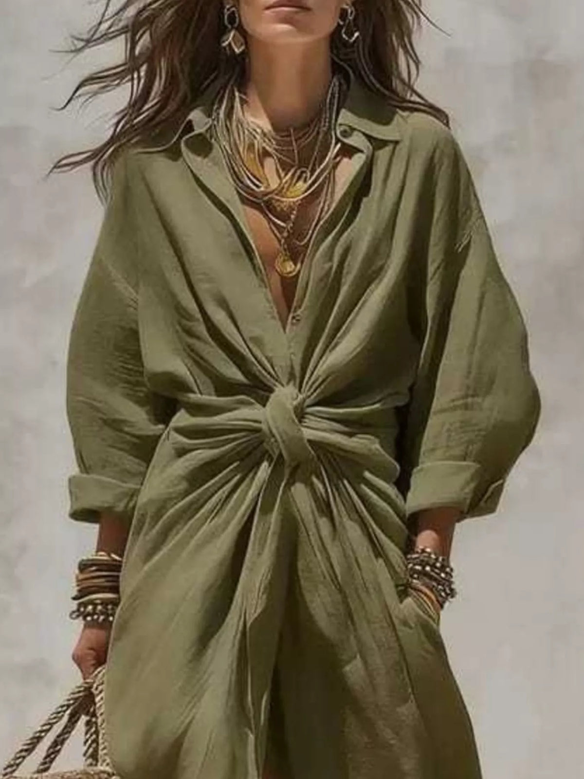 Olive front-tie linen blend maxi dress — design and construction details