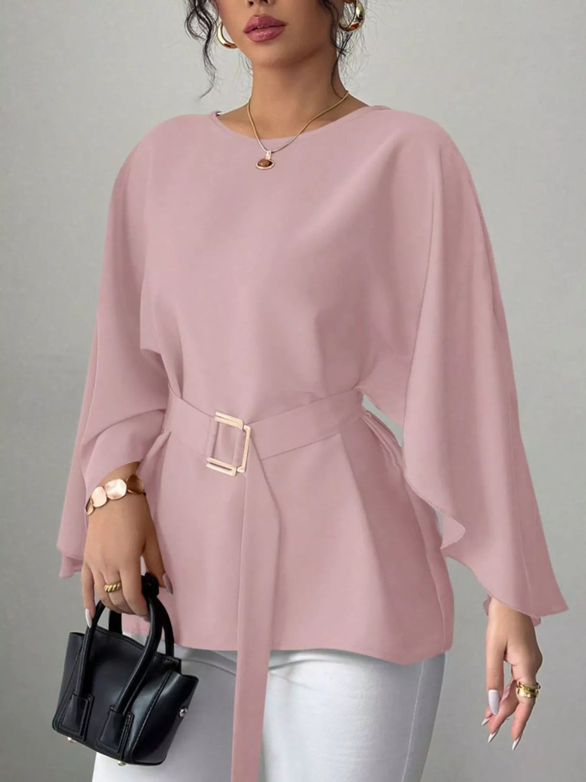 Round-neck belt batwing-sleeve blouse