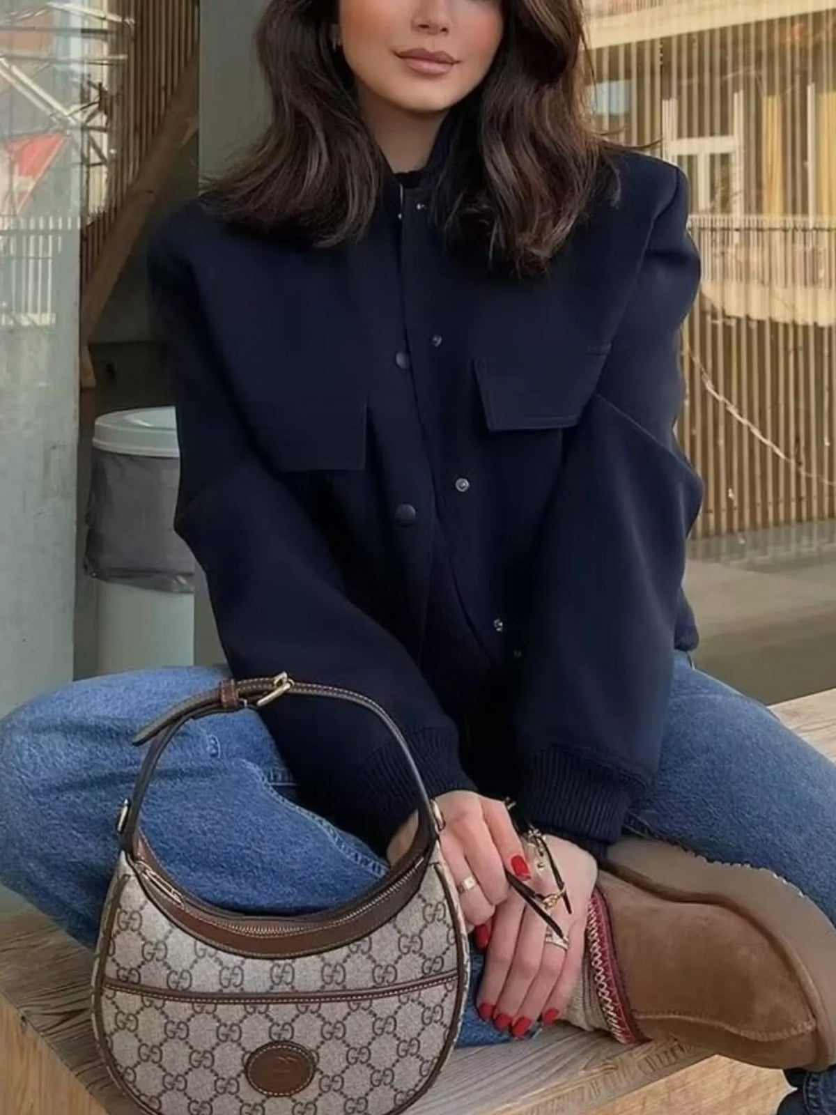 Snap-Down Cropped Bomber Jacket, front view
