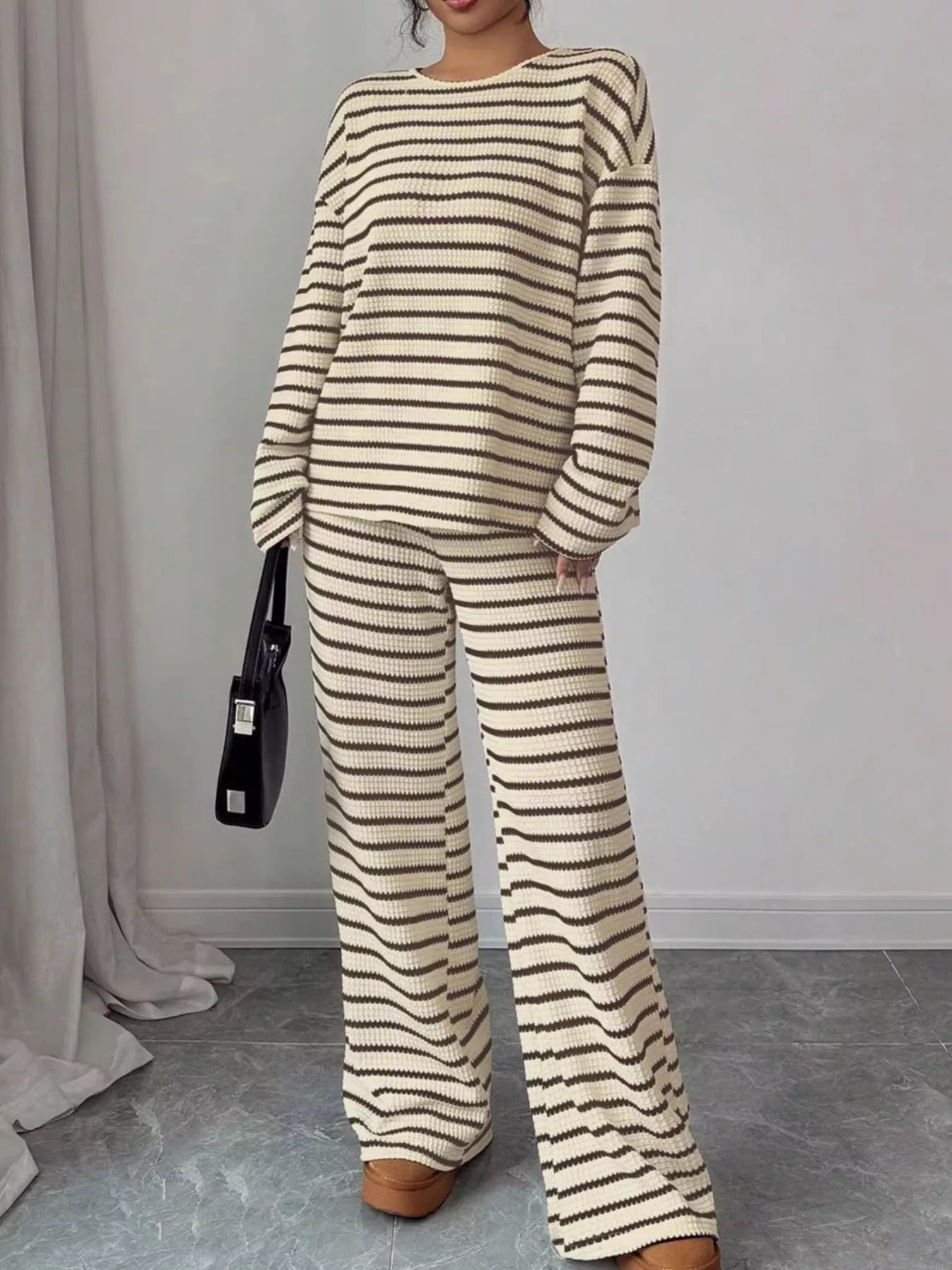 Trendsi Striped Knit Dropped Shoulder Top and Pants Set -