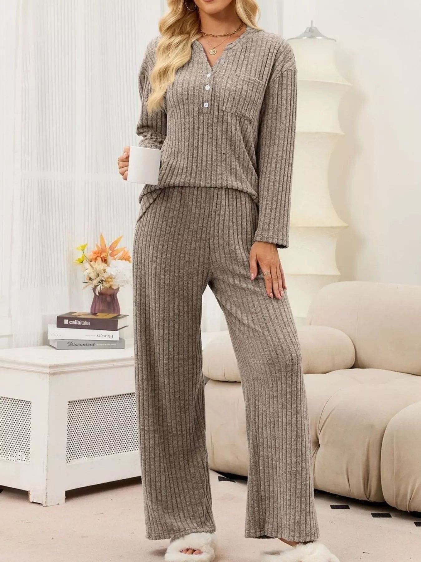 Trendsi Ribbed Knit Top and Wide-Leg Pants Set -