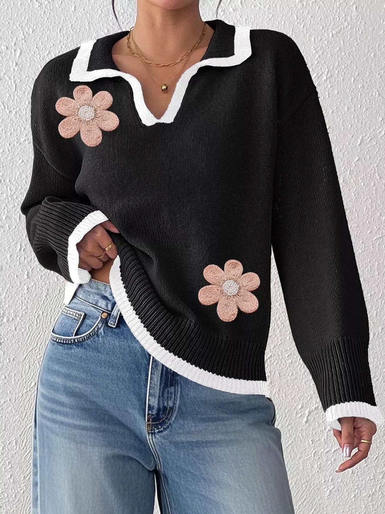 Flower contrast-trim dropped-shoulder sweater