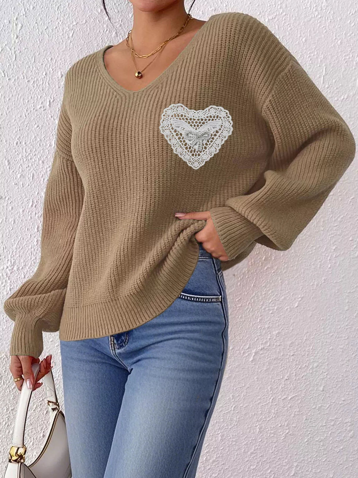 Camel Lace Heart Dropped Shoulder Sweater front view
