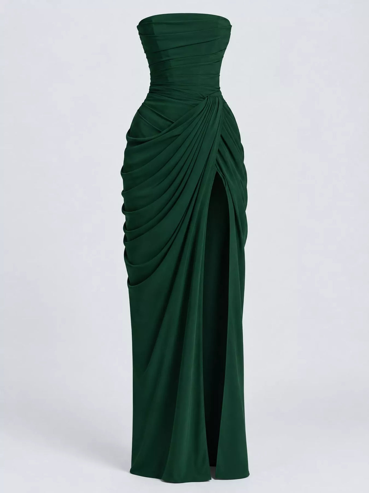 Green strapless ruched high-slit evening dress