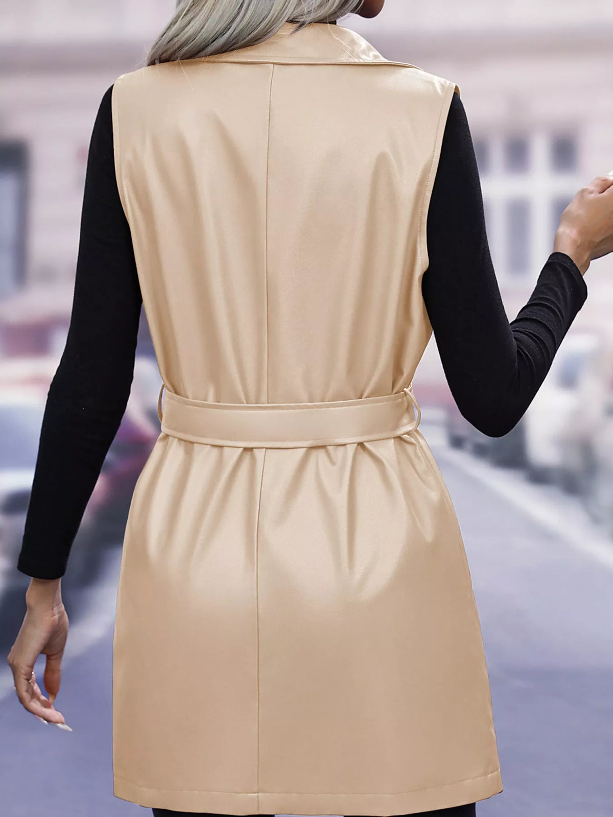 Tie Waist Longline Vest in beige, back view