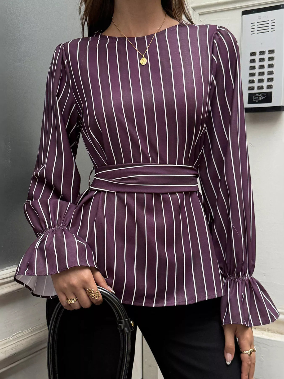 Striped Flounce Sleeves Blouse in purple striped, front view